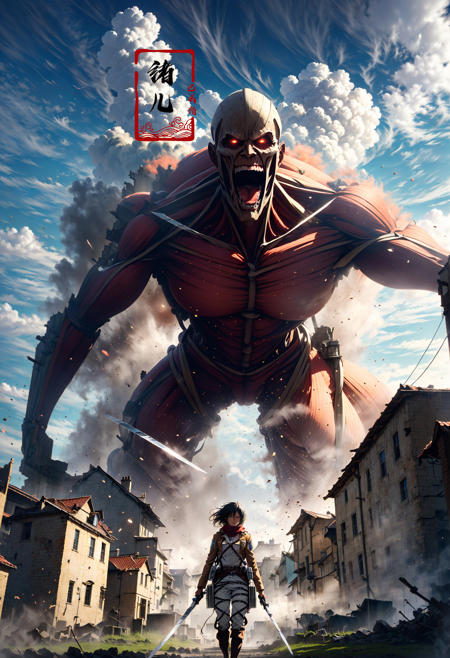 606247209521969445-2198145653-Attack on Titan, a giant titan attacking the castle, ruined city environment, Titan in background, a giant titan attacking the c.jpg